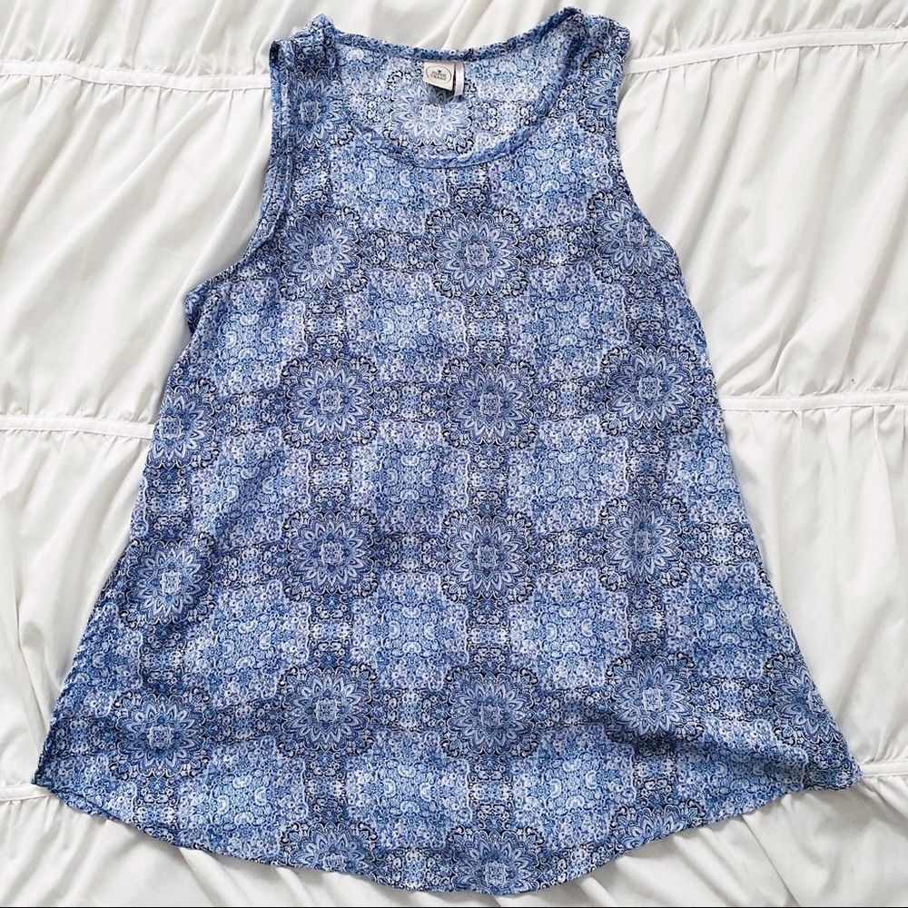 Paper Crane Blue White Paisley Floral Sheer Tank Top Sleeveless Blouse